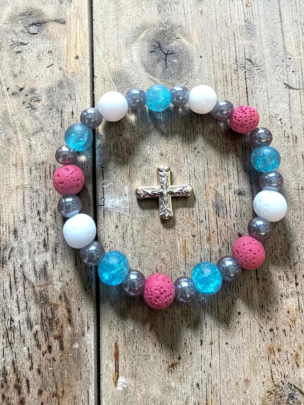 Patriotic Styleandstone Lava Rock Beaded Cross Stretch Bracelet